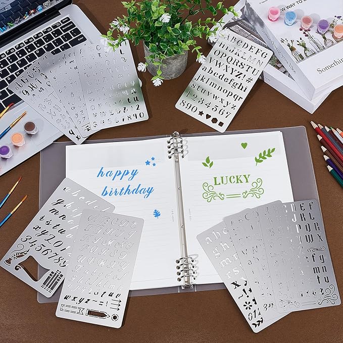 9PCS Metal Stencils Wood Burning Stencil Metal Letter Stencil Alphabet and Number Stencils for Journaling Engraving Templates for Wood Carving Drawing Scrapbooking Journal Craft DIY
