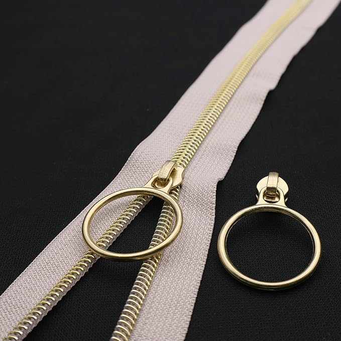 Leekayer #5 Gold Metallic Nylon Coil Zippers by The Yard Bulk 10 Yards Beige Zipper Tape with 25pcs Gold Ring Pull Sliders for DIY Sewing Tailor Craft Bag(Beige)
