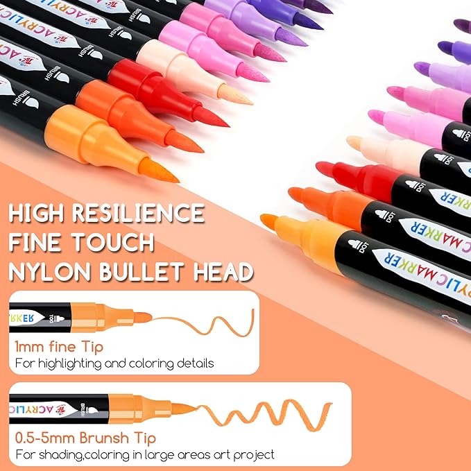 TBC The Best Crafts 24 Colors Dual Tip Acrylic Paint Markers,Waterproof, Non-Toxic, odorless, Suitable for Paper, Pottery, Stones, Backpacks, Glass
