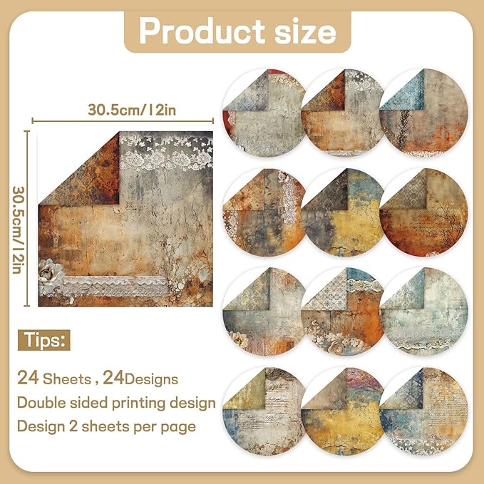 Scrapbook Paper 12x12 inch, 24 Sheets DIY Origami Decorative Craft, Double sided printing, Photo Album Decor Wooden-free Paper for Gift Wrapping Card Making Collage Album Decorative (Brown)