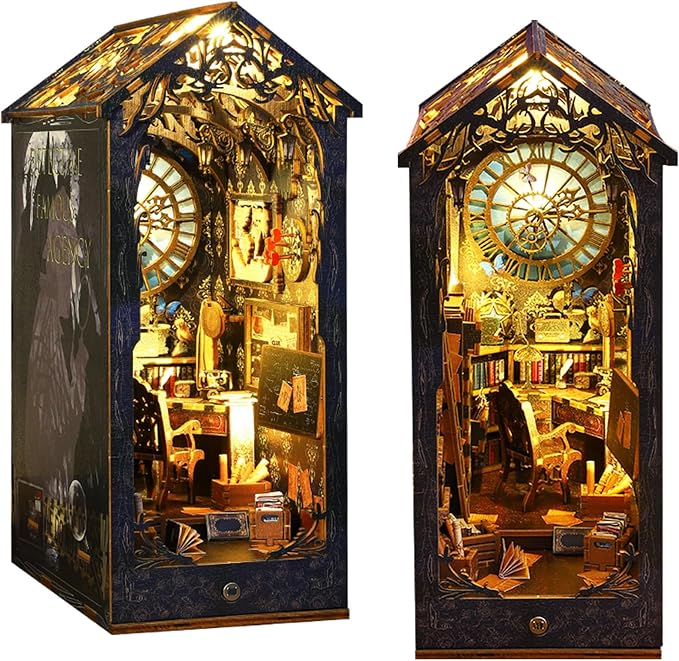 ISSEVE DIY Book Nook Kit, 3D Wooden Puzzle DIY Miniature House Kit for Booknook Shelf Insert Decoration, Magic Book House Stand Bookshelf Dollhouse for Adults with Sensor Light (Detective Agency)