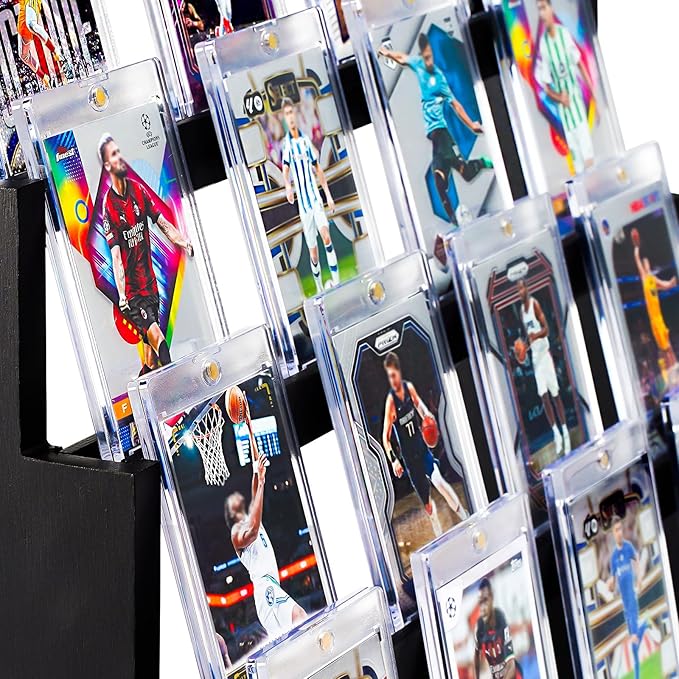 Emfogo Card Display Stand, 4-Tier Trading Card Display, Wooden Graded Baseball Sports Card Display, Trading Card Display Case for Card Collection & Show (Black)