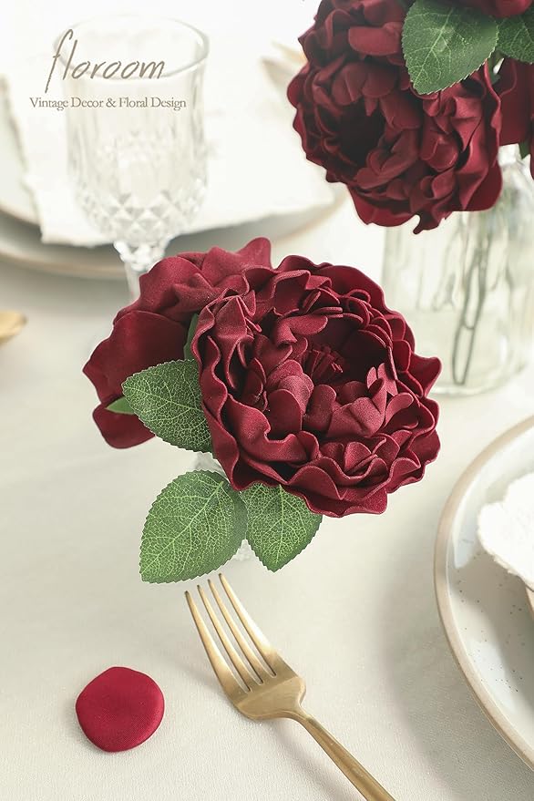 Floroom Artificial Flowers 16pcs 4" Burgundy Blooming Peonies Real Looking Foam Fake Peony with Stems for DIY Wedding Bouquets Dark Red Bridal Shower Centerpieces Floral Arrangements Tables Decoration