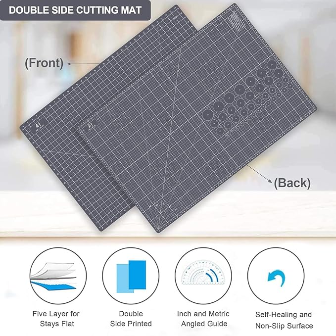 Headley Tools Thickened 24 x 36 Inch Self Healing Cutting Mat, Durable A1 Double Sided 5-Layer Craft Cutting Board for Fabric, Quilting, Sewing, Hobby, Scrapbooking, Arts and Crafts Project, Dark Gray