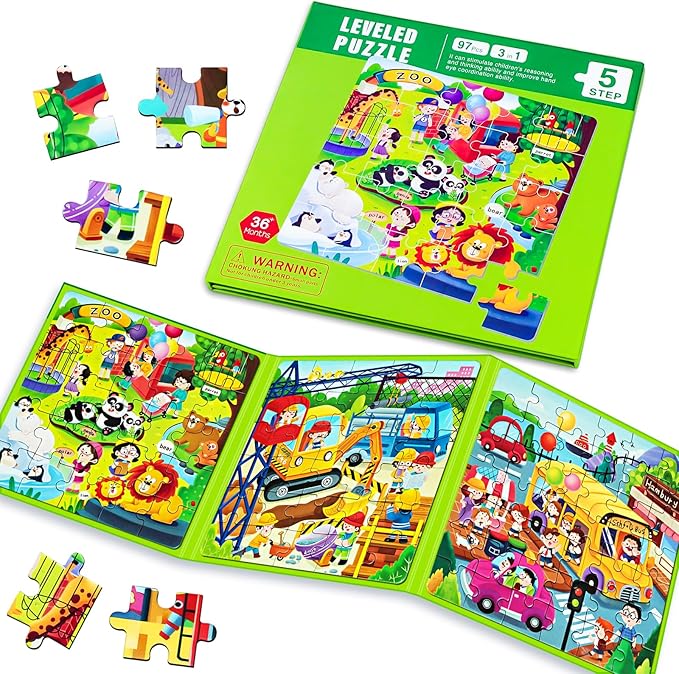 Magnetic Puzzles for Kids Ages 4-8, 3 in 1 Cartoon Jigsaw Puzzle Book, Toddlers Travel Puzzles Toys, Preschool Learning Toy for Children 3-8 Year (Green Zoo)