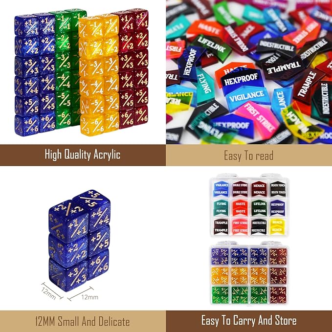 108PCS MTG Tokens & 12mm MTG Dice Set for Magic Card, Keyword Token Life Counters Dice with Box, Compatible with Magic CCG Card Gaming Accessories