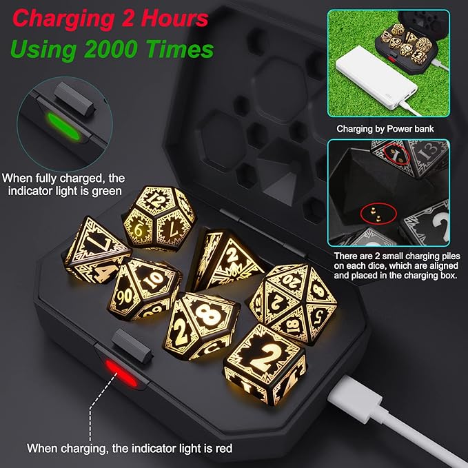 Rechargable DND Dice Set, Light Up Dice, 7PCS Glowing LED Dice Electronic Dices, D&D Polyhedral Dice Set for RPG Role Playing Table Game