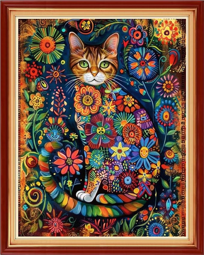 Dimensean Stamped Cross Stitch Kits Full Range of Embroidery Patterns Starter Kits for Beginners Adult or Kids DIY Cross Stitches Needlepoint Kits 11CT-Flower Cat 16x20 inch