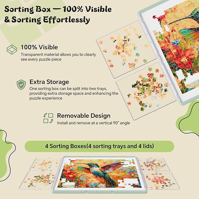 1000 Pieces Puzzle Board 3-in-1 Double-Sided & Rotating & Tilting, Plastic Puzzle Table with Sorting Boxes and PVC Cover, Portable Lazy Susan Jigsaw Puzzle Board for Adults, Gray Green