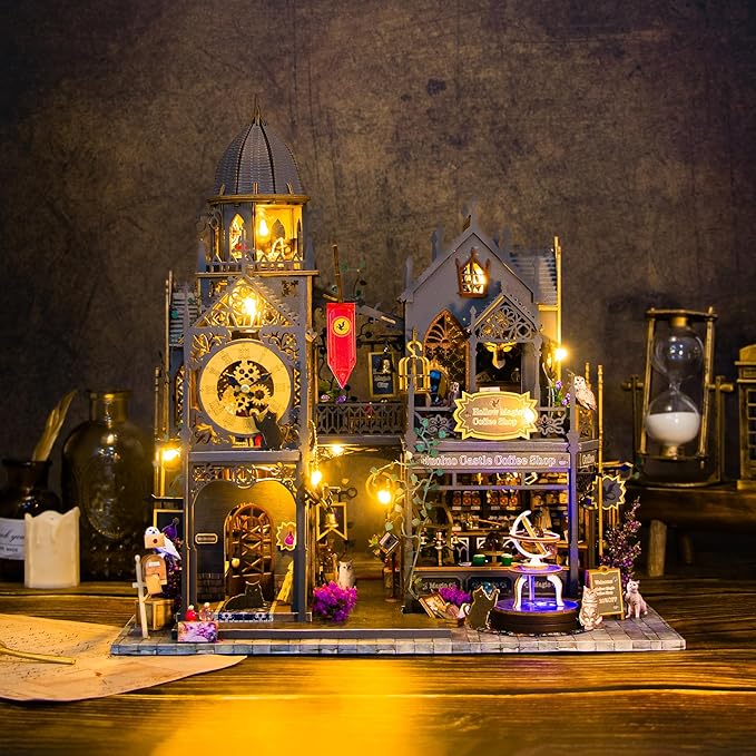DIY Miniature House Kit, Dollhouse for Adults to Build, Birthday/Christmas Day Gift for Family and Friends, Magic Castle, Haunted Dollhouse, Prefab Tiny Home with LED Lights(Huoluo Castle)