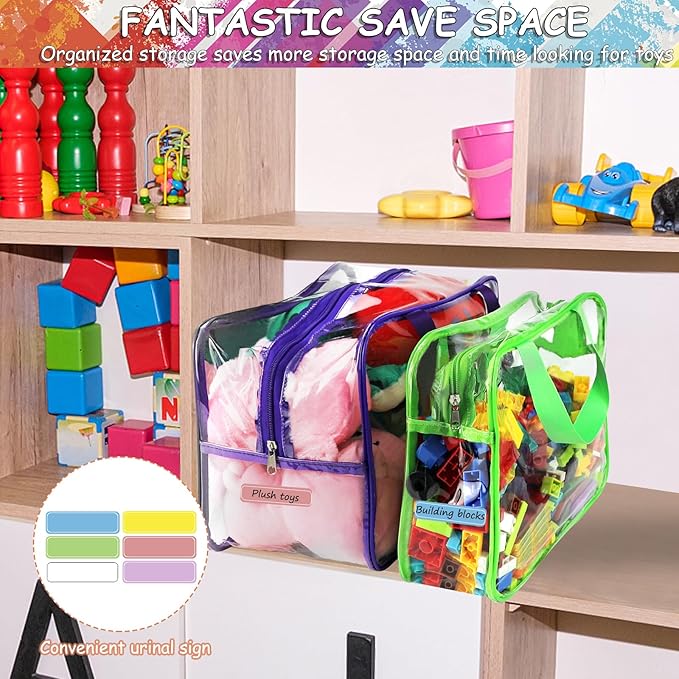 6 Colors Large Toy Storage Bags with Labels, Reusable Clear PVC Board Game Storage, Travel Waterproof Organizer Bags with Zipper for Building Blocks, Puzzle, Kids Books(3 large & 3 Widen X-Large)