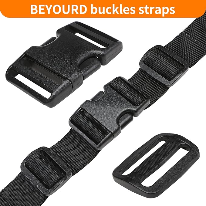 Heavy-Duty Buckles and Strap Set 1-1/2": 6 Yards of Thick Nylon Webbing, 6-Pack Adjustable Quick Side Release Plastic Buckles, 12 Tri-Glide Slide Clips, Black (1-1/2" Combo Set)