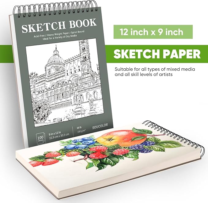 Soucolor 9" x 12" Sketch Book, Back to School Supplies, 1-Pack 100 Sheets Spiral Bound Art Sketchbook, Acid Free (68lb/100gsm) Artist Drawing Book Paper Painting Sketching Pad, College Essentials