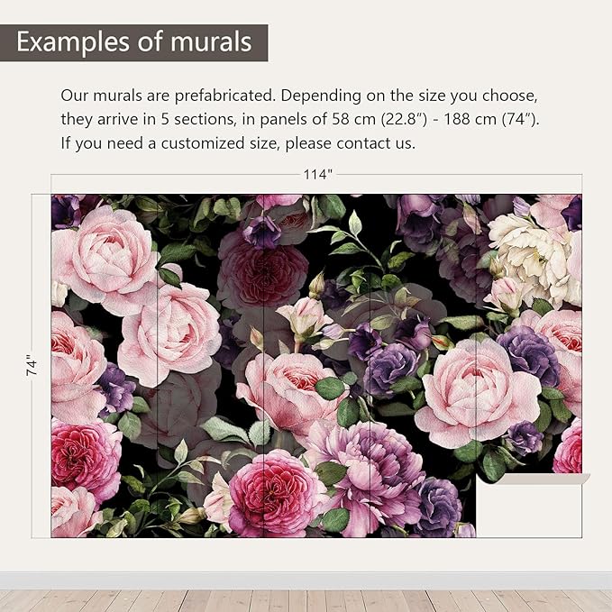 AFZEVEB-Black Watercolor Purple Peony Flower Wallpaper Wall murals for Bedroom 114"x74"(Not Peel and Stick)