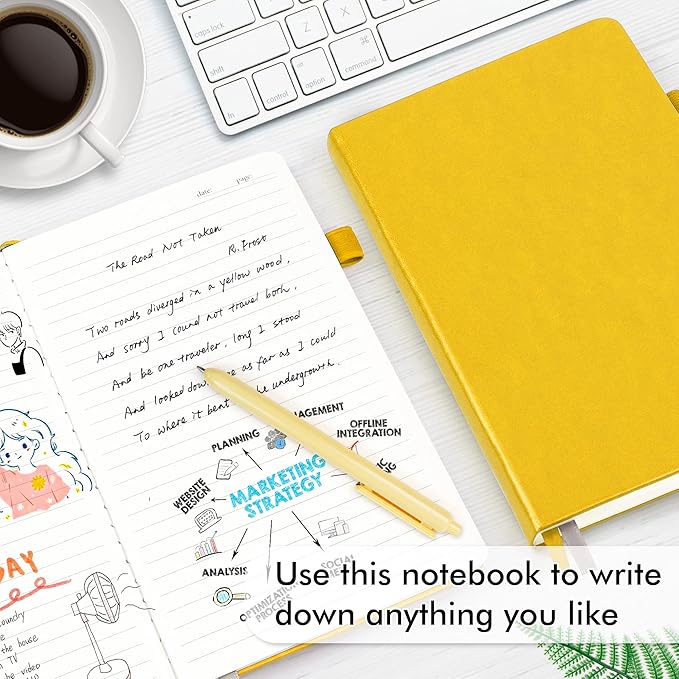 feela 5 Pack Journal Notebook Bulk for School, Hardcover Business Notebooks Classic Ruled Lined Journals with Pen Holder for Work Note Taking, with 5 Black Pens, 120 GSM, 5.1”x8.3”, A5, Yellow