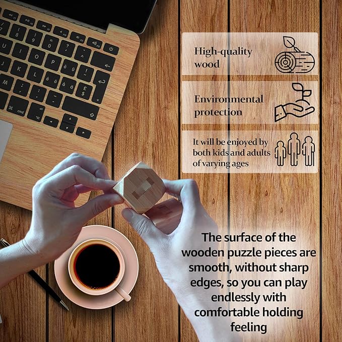 VolksRose 15pcs Wooden Brain Teaser Puzzles, IQ Challenge Puzzle Games, Logic Smart Mind Puzzle Box Lock Toy Removing Assembling 3D Small Puzzle Gift Set for Adults Teenagers Kids, 1.8inch 4.5cm