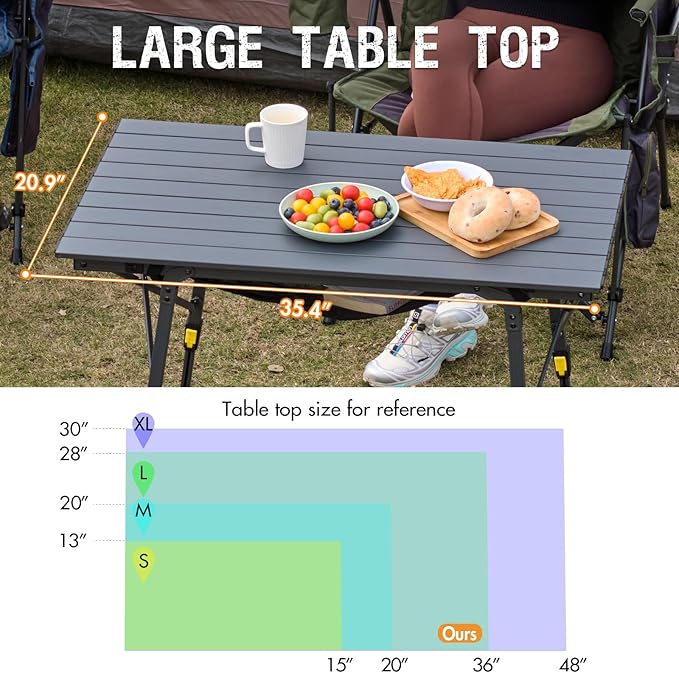 PORTAL Outdoor Folding Portable Picnic Camping Table with Adjustable Height Aluminum Roll Up Table Top Mesh Layer, Dark Gray