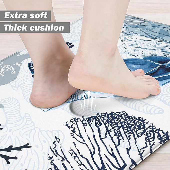 Coastal Beach Kitchen Floor Mat Rugs Nautical Decorative Coral Sea Turtle Kitchen Rugs Anti Fatigue Mats Non-Slip Comfort Standing Cushioned for Kitchen 17.3" 28" + 17.3" x 47" Set 2 Pcs Navy Blue