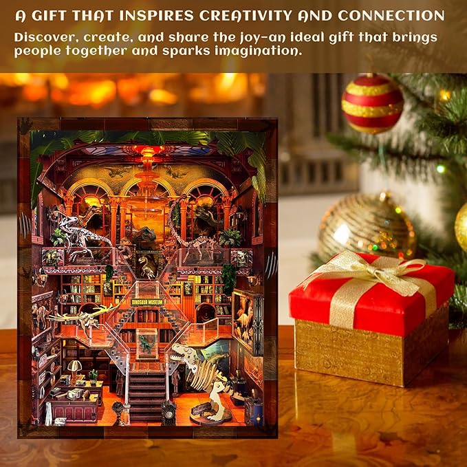 Book Nook Kit for Adults - DIY Dinosaur Museum Booknook, 3D Wooden Dollhouse Puzzle with LED Lights, Miniature Bookshelf Decor for Home Libraries