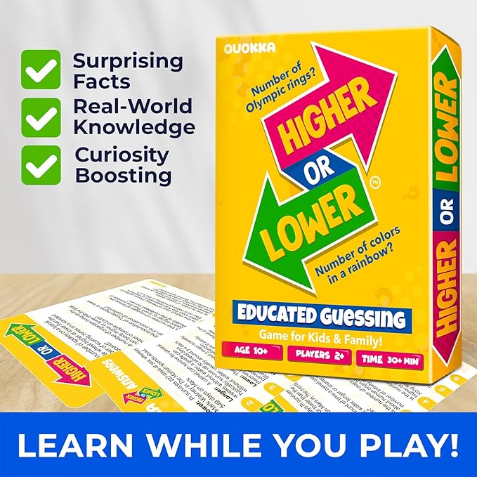 QUOKKA Trivia Board Games for Kids and Adults - Version V2.0 - Family Night Board Game 4xSet Higher or Lower Trivia Cards | Guess Fun Questions | 2 + Players - Challenge Your General Knowledge