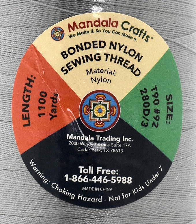Mandala Crafts Bonded Nylon Thread Gray Heavy Duty Sewing Threads - 1100 YDs Size 92 280D T90 Tex 90 Thread for Leather Jeans Weaving Outdoor Marine Upholstery Threads