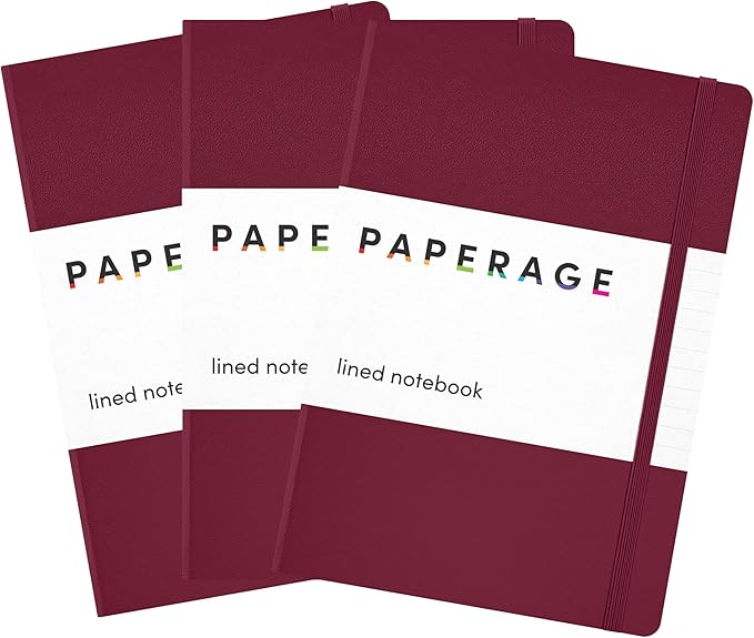 PAPERAGE Lined Journal Notebook, 3 Pack, (Burgundy), 160 Pages, Medium 5.6 in x 8 in - 100 GSM Thick Paper – Hardcover Journaling Notebook for Work, School & Note Taking