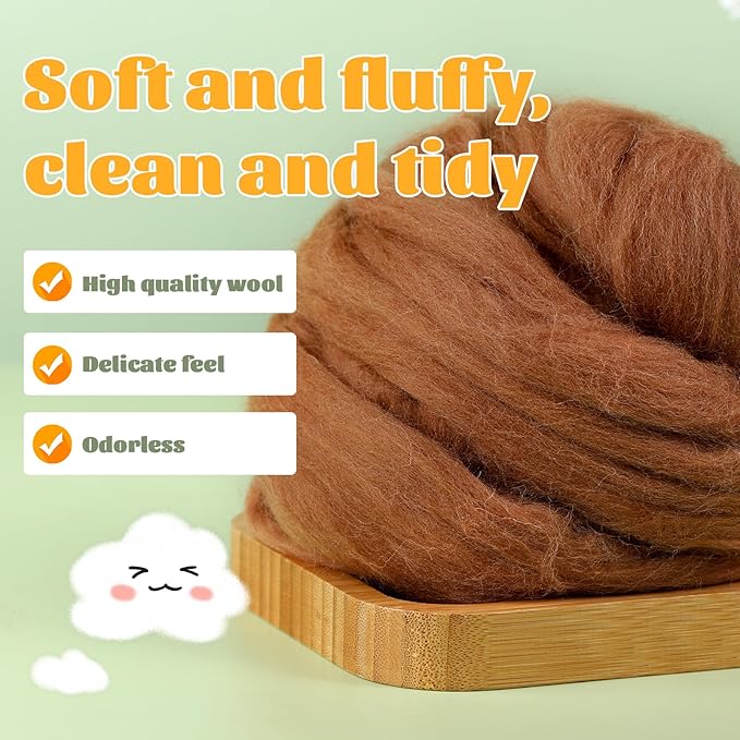 3.53oz Wool Roving Yarn, Fiber Roving Wool Top, Pure Wools, Chunky Yarn, Spinning Wool Roving for Needle Felting Wet Felting DIY Hand Spinning (Wood Brown)