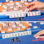 American Mahjong Game Set, 166 Quality White Tiles, 4 All-in-One Color Rack/Pushers, Mahjong Tile Set with Blue Printed Carrying Bag