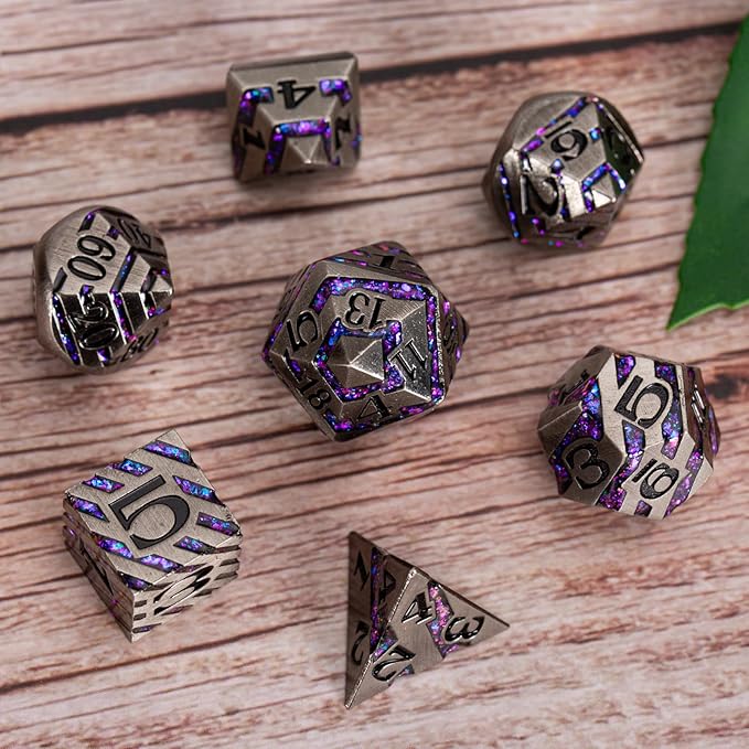 DND Metal Stripe Dice Set,7 PCS Polyhedral RPG Dice Set with Gift Case for Dungeons and Dragons (Antique Nickel Purple)