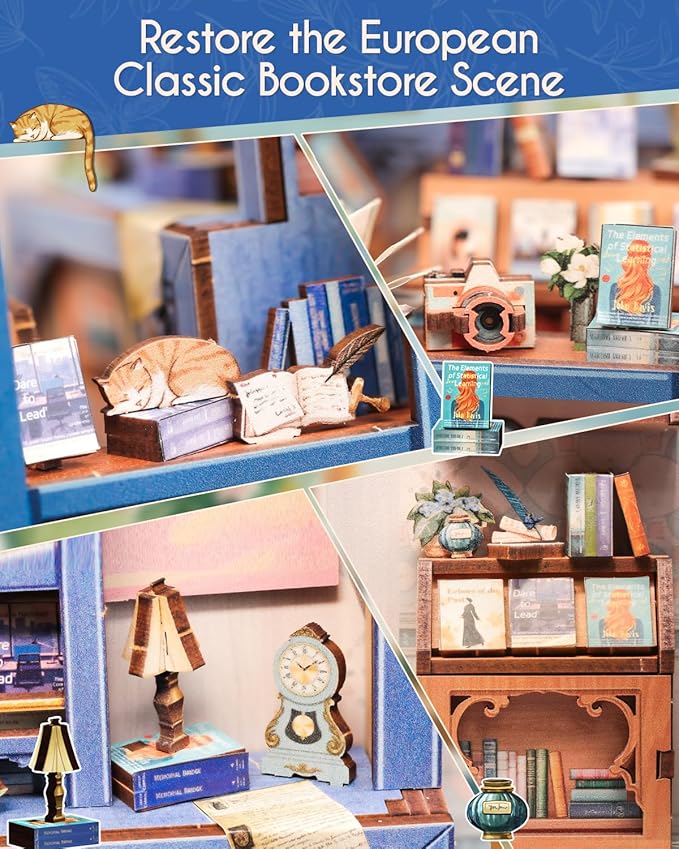 Cutefun Book Nook Kit - DIY Miniature Dollhouse Kit 3D Creative Decorative Bookend 3D Wooden Puzzle for Adults, Bookshelf Insert Library Decor with LED Light (Literature Bookstore)