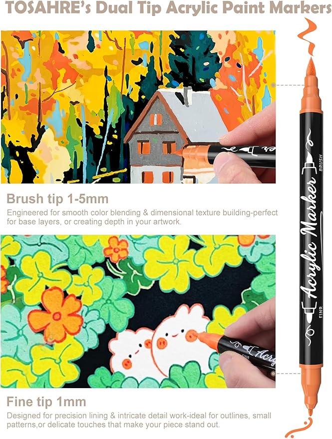 30 Colors Acrylic Paint Pens Markers Waterproof Dual Tip Acrylic Marker Set with Brush & Fine Tip Kid Markers for Rock Painting Wood Scrapbook Fabric Glass Ceramic DIY Craft Art Supplies