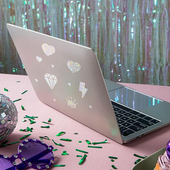 SHENLIU 60 Sheets Holographic Laminate Sheets Clear Glitter Vinyl Sticker Paper Holographic Overlay Self Adhesive Waterproof Transparent Film for Sticker Paper, 11.7 x 8.3 Inch (Gem Patterns)