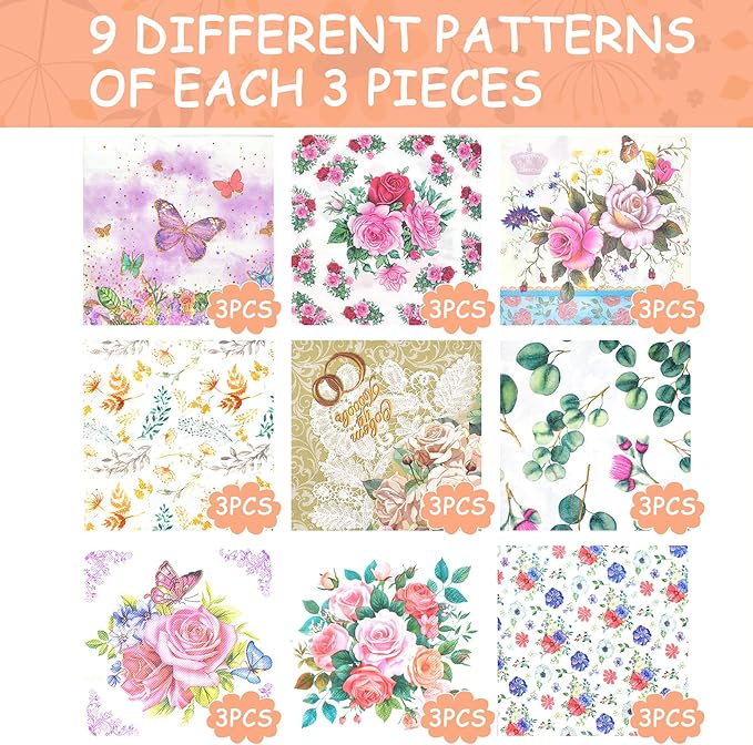 Decoupage Napkins Assorted Floral 27 Pack 9 Styles for DIY Crafting Birthday Party ， Decorative Decoupage Napkins Cocktail Paper ，Each Unfolded 13 Inch (Colorful Floral)