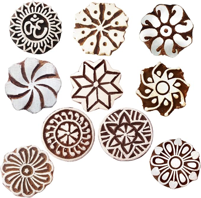 Royal Kraft Round Wooden Printing Stamps (Set of 10) - DIY Henna Fabric Textile Paper Clay Pottery Blocks Htag2182