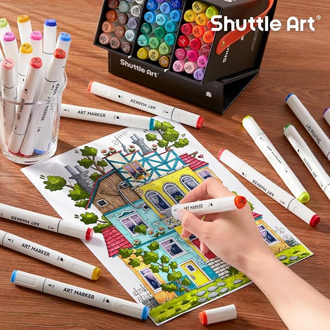 Shuttle Art 51 Colors Alcohol Markers, 50 Colors Dual Tip Art Marker Set Plus 1 Colorless Blender with Marker Case Perfect for Illustration Students Adult Coloring Sketching