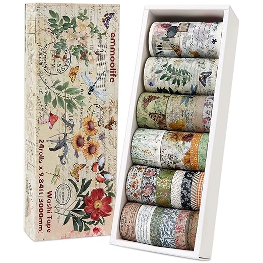 24 Rolls Vintage Washi Tape Set, Floral Letter Butterfly Mushroom Botanical Flower Writable Decorative Tapes for Scrapbooking , Junk Journal supplies, Bullet Journaling 5-75mm Wide 9.84ft long/Roll