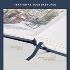 Beechmore Books A3 Sketchbook – 11.7x16.5 Premium Vegan Leather Bound Extra Large Sketch Book Hardcover, 160gsm 160 Perforated Ivory Pages, Blank Sketch Pad, Gift Boxed, Back Pocket, Ribbon Bookmark