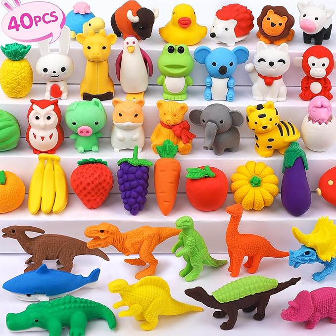 40 Pcs Animal Erasers Desk Pet for Kids 3D Puzzle Pencil Eraser Treasure Box Toy for Classroom School Prize Kids Party Favors Back to School Supplies Easter Egg Fillers Goodie Bag Stuffers Gift