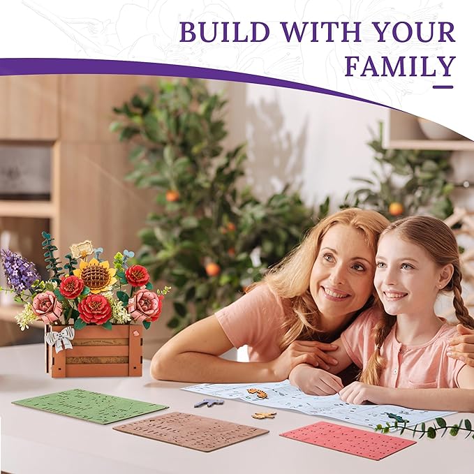 3D Wooden Flower Puzzle for Adults-Wooden Bloom Box, DIY Craft Model Kit Building Set, Botanical Decor Creative Gift for Lovers Nature Enthusiasts (658PCS)