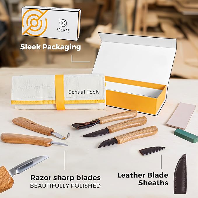 Wood Carving Kit, Deluxe 5pc Whittling Knife Set with Razor-Sharp Knives, Spoon Carving Knife, Wood Whittling Kit for Beginners and Adult Crafts