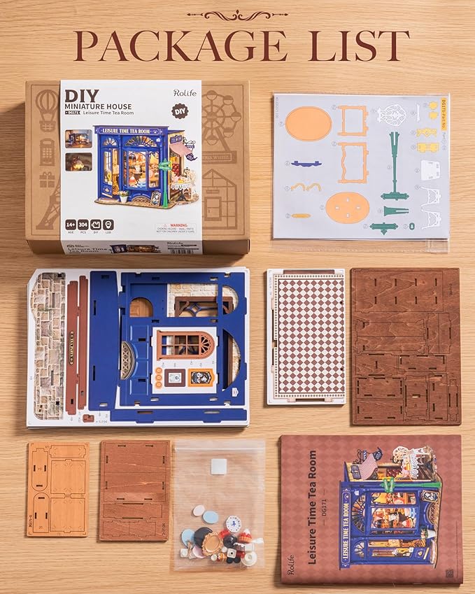 Rolife DIY Miniature House Kit Leisure Tea Time, 3D Book Nook Openable Bookshelf Decor for Adults, Mini Model House Kits, DIY Crafts Kit Halloween for Adults (Leisure Tea Time)
