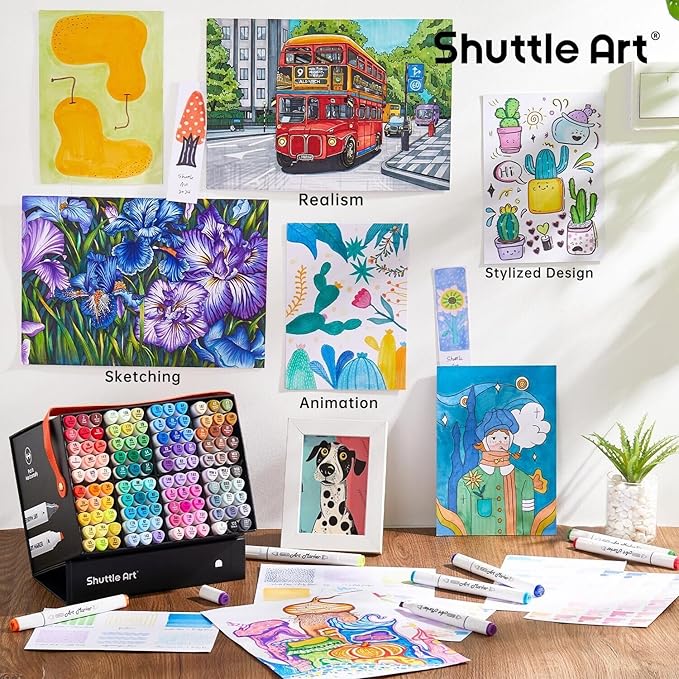 Shuttle Art 121 Colors Alcohol Markers, 120 Colors Dual Tip Art Marker Set Plus 1 Colorless Blender with Marker Case Perfect for Illustration Students Adult Coloring Sketching