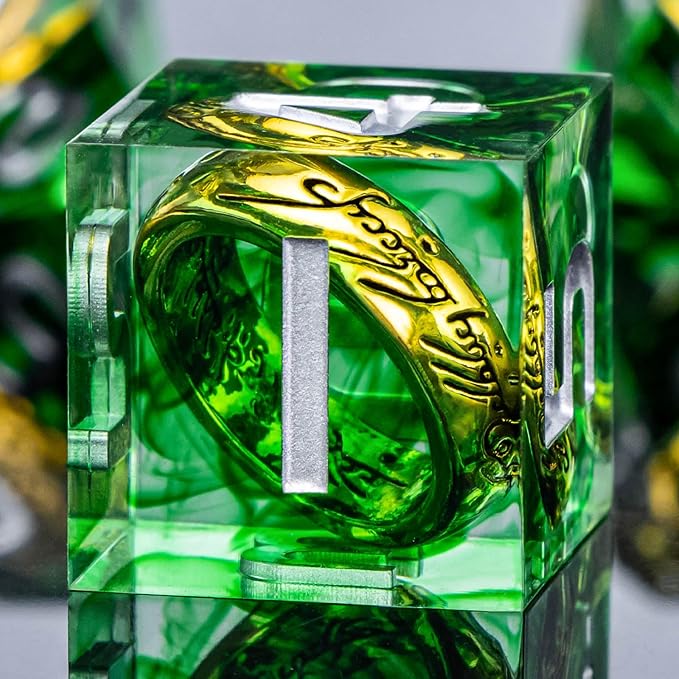 OUKELANWO Magic Lord Rings DND Dice Set with Box, 7Pcs Resin LOTR D&D Dice Set for Role Playing Game, Green Dungeons Dragons D and D Sharp Edge Dice D20 D12 D10 D8 D6 D4