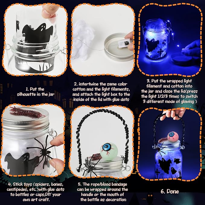 Halloween Crafts Activities for Kids Ages 4-12,6 Pack Glass Mason Jar for School Art Activities,Halloween's Craft Supplies,DIY Lantern Jar for Gifts Halloween Party Favors,Classroom Prizes