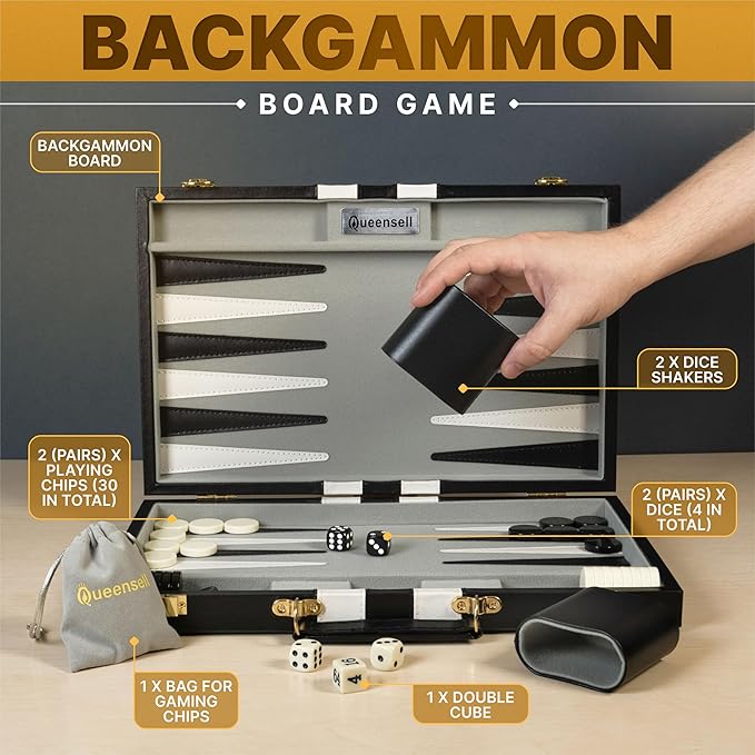 Backgammon Sets for Adults – 15-Inch Black PU Leather Board Game Set – Classic 2-Player Travel Backgammon Set with 32 Playing Pieces, Dice, and Cups