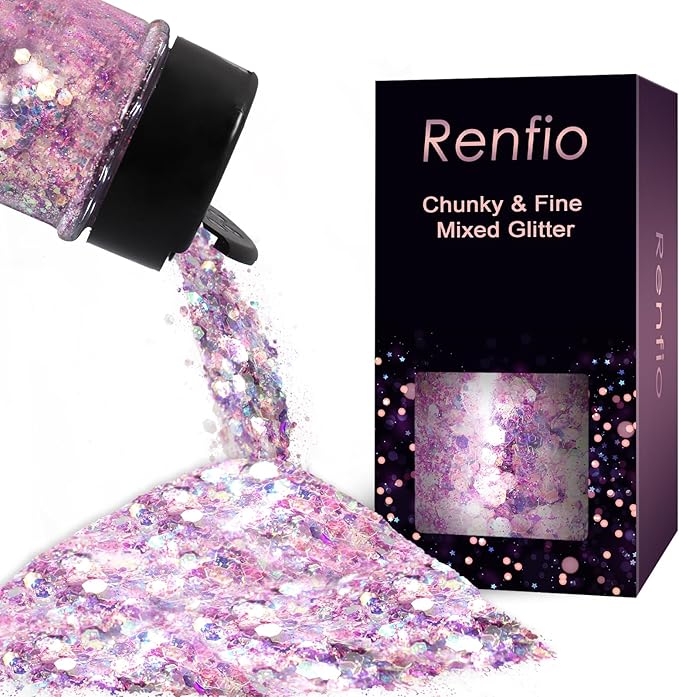Renfio Opal Chunky Glitter, 1.75oz/50g Pink Glitter, Dreamy High Sparkle Glitter for Crafts Holographic Fine Glitter Mix Iridescent Glitters Flake for Resin Nails Art Hair DIY Snow Globe - Pink Coast