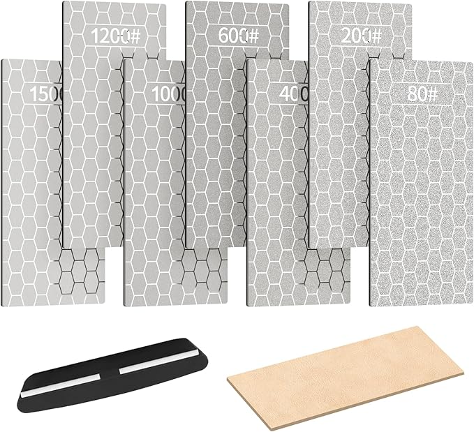 9PCS Diamond Sharpening Stones, Kalolary Knife Sharpener Stone Grit Diamond Sharpener Plate with Angle Guide Leather Strop Non-slip Base for Kitchen Outdoor Knife (80/200/400/600/1000/1200/1500 Grit)