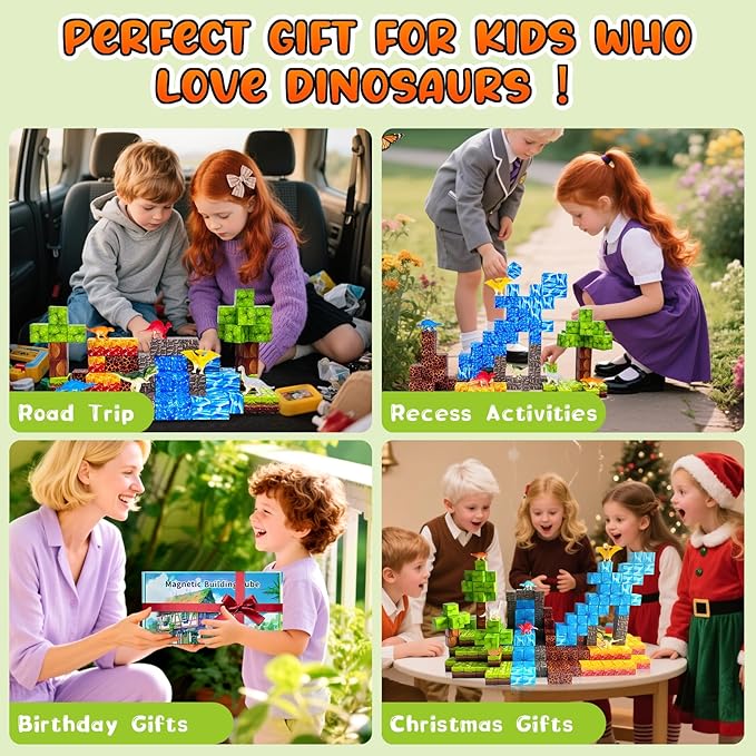 100PCS Dinosaur Magnetic Blocks for Kids: 1" Magnetic Building Blocks for Kids Ages 4-8 8-12, Magnet Cubes Sensory STEM Stacking Toys for Boys & Girls,Christmas Birthday Gifts for Toddler Ages 3+
