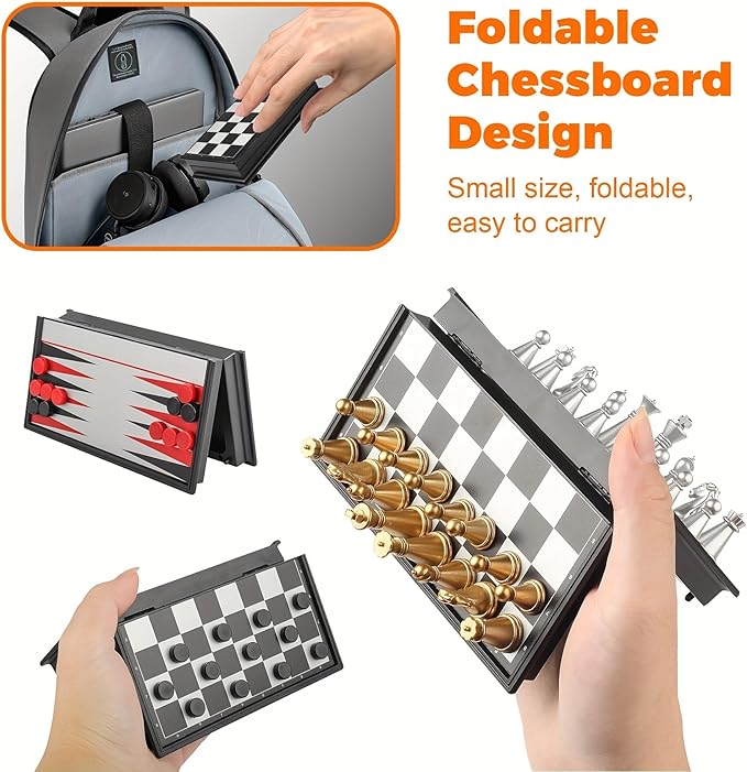 Chess Board Game Set Mini Magnetic Chess Kit Table Game with Folding Case 5'' Portable 3 in 1 Chess Checkers Backgammon Set Travel Game 2 Players