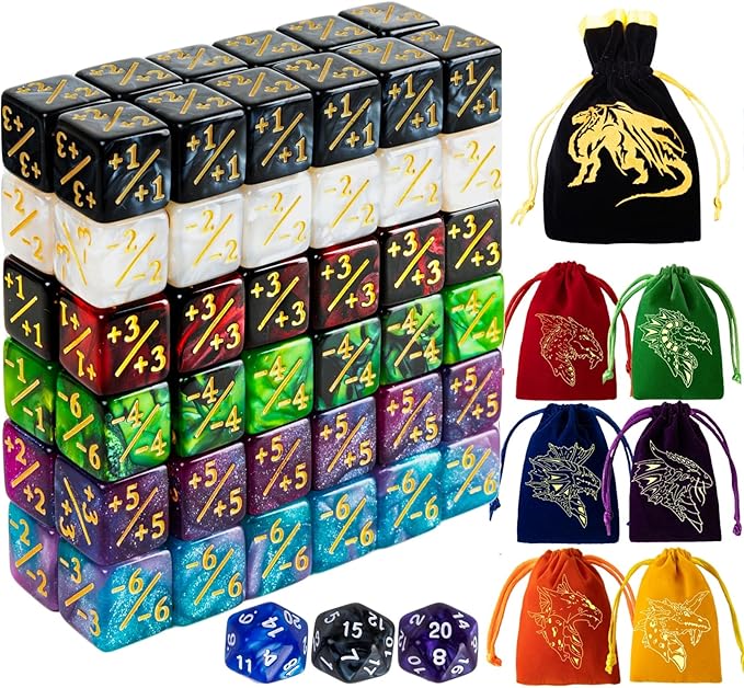 82 Pack Magic The Gathering Counter Dice Set 72 Pcs D6 MTG Dice Life Counters Tokens for Magic Card Game Accessories with 3 Pcs Rolling Dice 7 Pcs Drawstring Bags